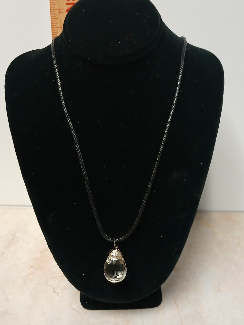 Crystal Teardrop Pendant Necklace - Black Chain